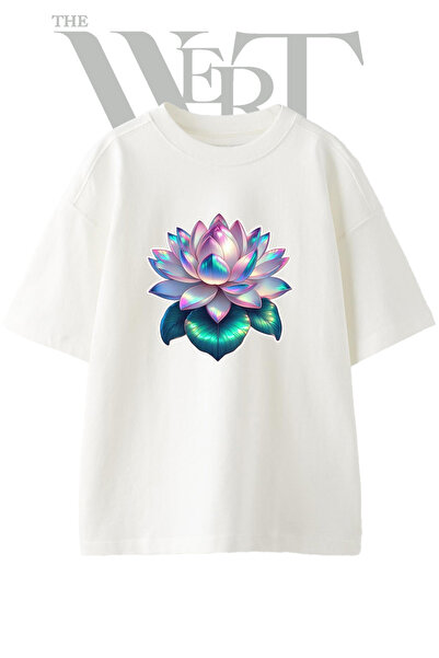 THEWERT Iridescent Lotus Design Printed Unisex White Oversize T-Shirt