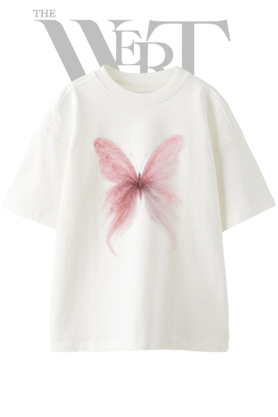 THEWERT Pink Butterfly Design Printed Unisex White Oversize T-Shirt