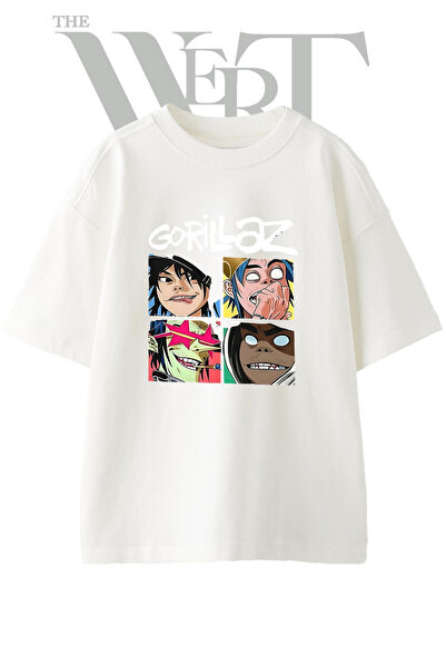THEWERT Gorillaz Design Printed Unisex White Oversize T-Shirt