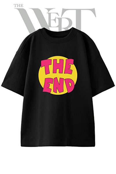 THEWERT تي شيرت أسود كبير الحجم مطبوع بتصميم The End Design للجنسين