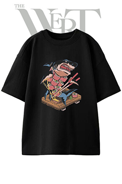 THEWERT Μπλουζάκι Unisex με στάμπα Sushi Shark Design, μαύρο, oversized
