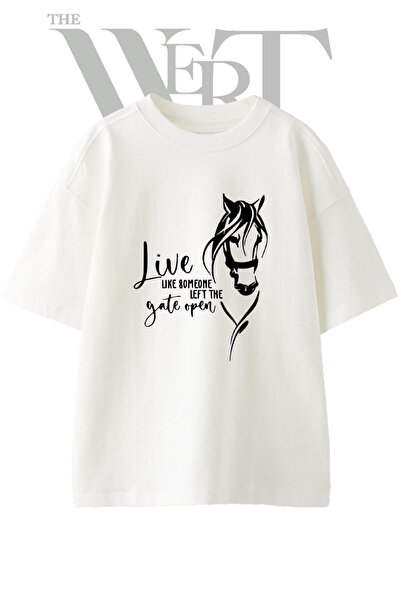THEWERT Tricou oversize alb unisex cu imprimeu cu design cap de cal