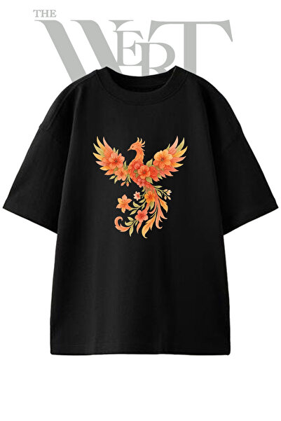 THEWERT Μπλουζάκι Unisex με στάμπα Floral Phoenix Design σε μαύρο χρώμα και o...