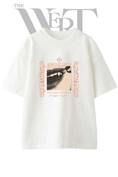 THEWERT Tricou oversize alb unisex cu imprimeu Vampire Fangs Design