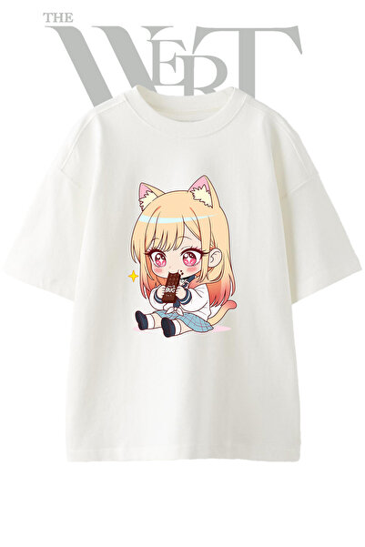 THEWERT Marin Kitagawa Nekomimi Design Printed Unisex White Oversize T-Shirt