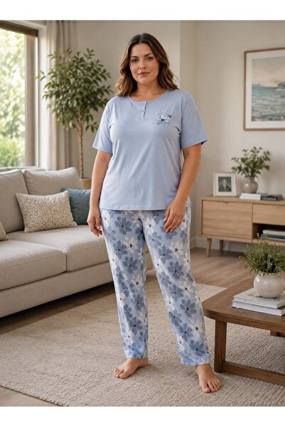 İpek Women's Short Sleeve Plus Size Floral Pattern 100% Cotton Pajama Set