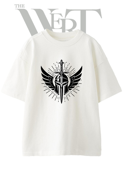 THEWERT Tricou oversize alb unisex cu imprimeu Spartan Helmet Sword Design