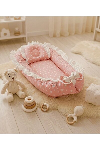 Babynest Ortopedik Fırfırlı Pembe beyaz yıldızlı Yatak Ve Ortopedik Yastık