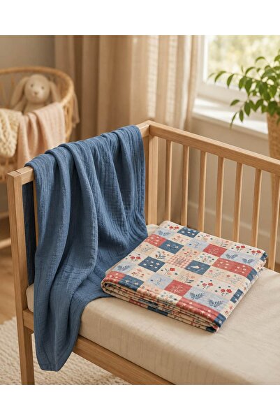 Uykucu Tosbağa Patchwork Çiçekli 2 li Müslin Örtü Seti