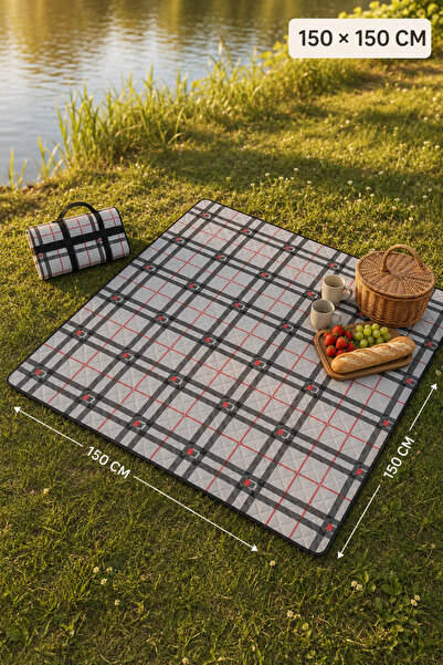 nnevora Katlanabilir Taşıma Kulplu Piknik Örtüsü 150x150 cm - Ekose Desenli K...