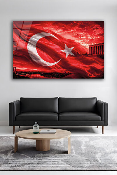 Türk Bayrağı Atatürk Anıtkabir Cam Tablo Şanlı Türk Bayrağı Dekoratif Duvar Tablosu