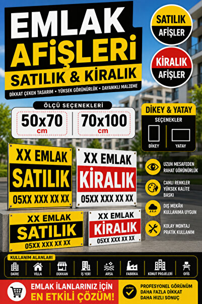 Adabilsa Satılık & Kiralık Emlak Afişi | Dikey - Yatay Branda Tabela | 50x70,...