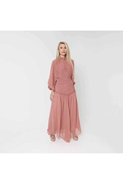 2TRENDY فستان نسائي ماكسي بليسيه بياقة عالية وأكمام بالون لون وردي غباري