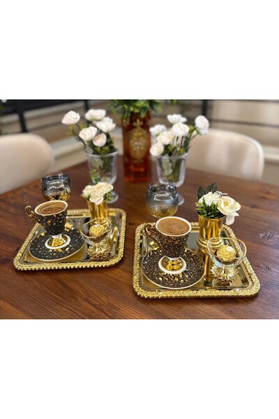 atabey home collection 2 ADET SUNUM TEPSİSİ KARE HASIR FULL GOLD TEPSİ 22 CM