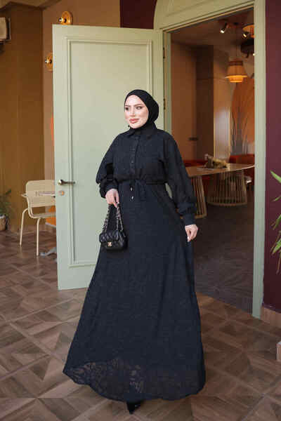 İmajButik Black Patterned Dress with Waist Tie