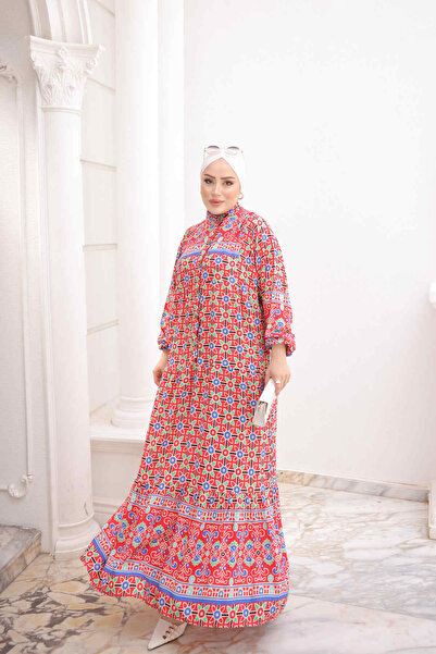 İmajButik Red Half-Buttoned Skirt with Elastic Sleeves and Layered Viscose Dress