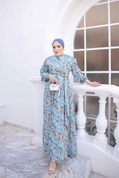 İmajButik Blue Elastic Sleeve Dress with Buckle Detail