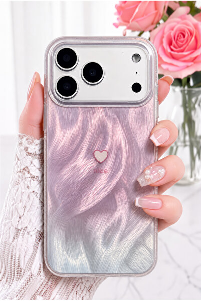 Fibaks iPhone 17 Pro Max Kılıf Hologramlı Pembe Işıltı Minik Kalp Dalga Desen...