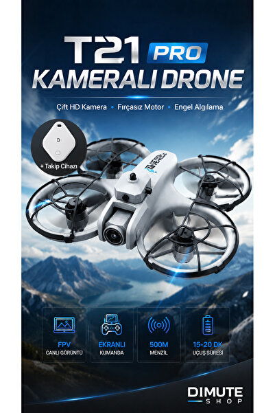 Dimute Shop T21 Pro Kameralı Drone Çift HD Kamera FPV Fırçasız Motor Engel Al...