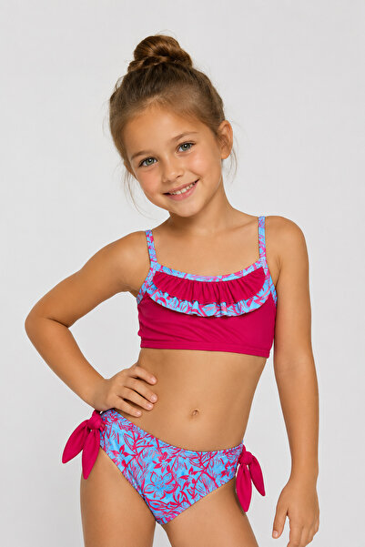 caddekids Kız Çocuk Bikini Takımı Fırfırlı Askılı Desenli Deniz Mayo Takımı P...