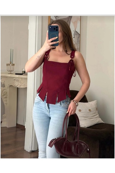 BUTİK TUANA Kadın Askılı Bağlama Detaylı Büstiyer Bluz Kare Yaka Fit Kalıp Şı...