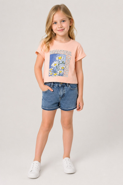 Yalçınoğlu Kids Girl's Cotton Printed T-Shirt and Denim Shorts Two-Piece Set ...