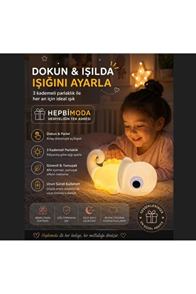 HEPBİMODA Dokunmatik Bukalemun LED Gece Lambası – Squishy Lamba 7 Renk Değiştiren Silikon Bebek Odası Lambası ⭐