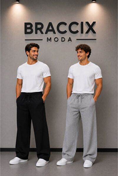 BRACCİX Erkek Eşofman Altı 2’lİ Set Siyah Gri Konfor Kalıp Terletmez