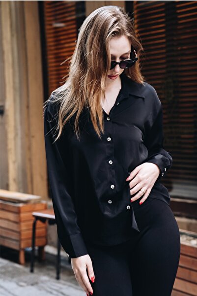 Morlex Women's Oversize Wide Cut Long Sleeve Black Satin Shirt
