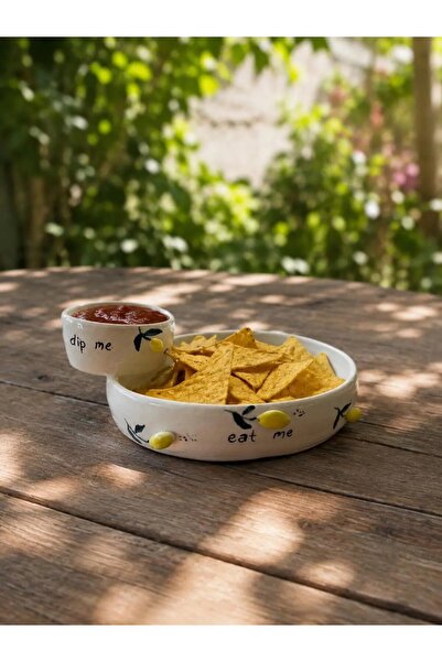 Mer Atelier El Yapımı Seramik Dip Soslu Cips Sunum Tabağı – Limon Desenli Ser...