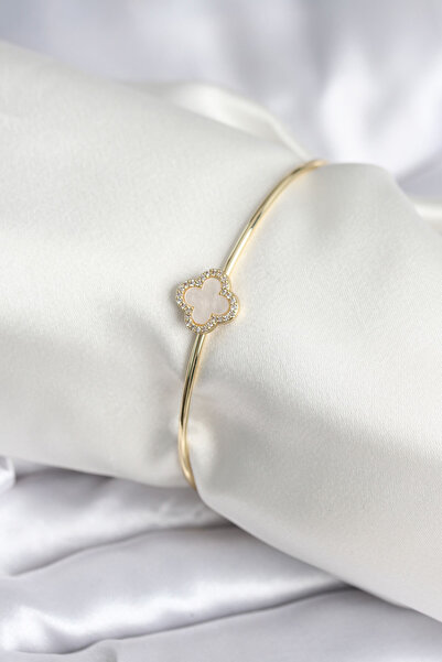 Mega Bazaar White Pearlescent Clover Model Gold Color Women's Bracelet
