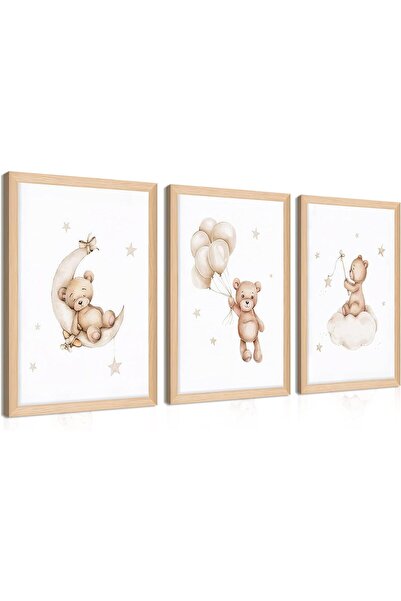 HOME MODE Dreamy Teddy Bear Moon Cloud 3 Piece Floating Frame Canvas Wall Art...