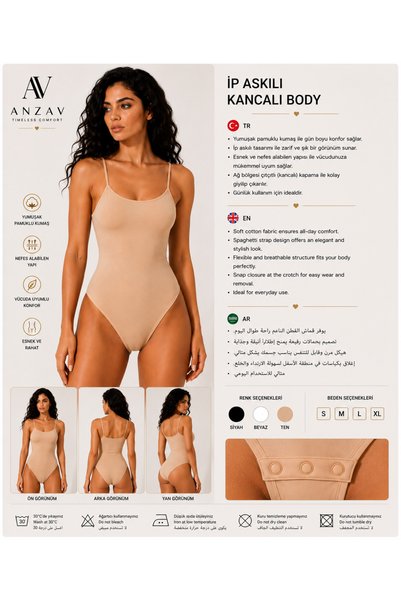 AV ANZAV 1574 Body/Body din bumbac cu bretele și cârlige, culoare neagră, pentru femei