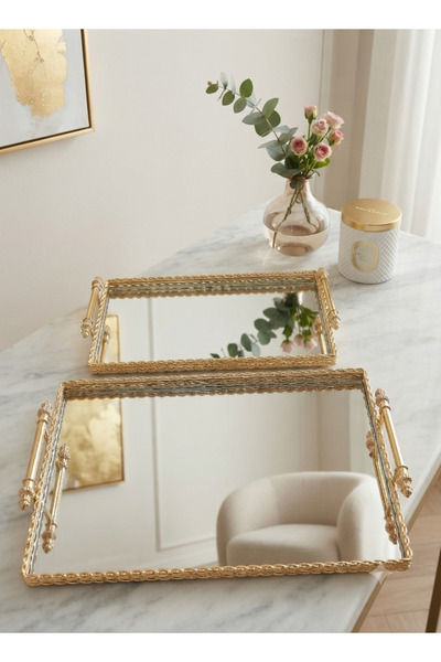 Furkan Vintage Decorative Jardinier Mirror Gold Rectangular 2-Piece Tray