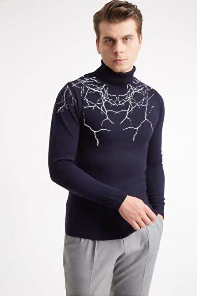 Mariposa Secret Men's Half-Turtleneck Sweater Printed Woven Knitwear - Navy Blue