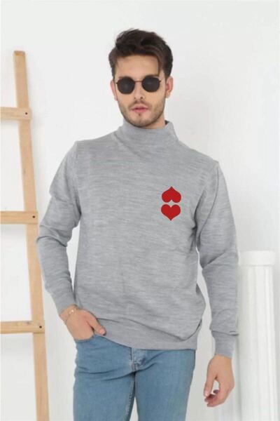 Mariposa Secret Men's Half-Turtleneck Sweater Printed Woven Knitwear - Gray