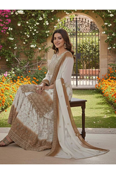 MYSMAR White Georgette Top Plazzo & Dupatta - FFT7279-White-Size:M-38-Inches