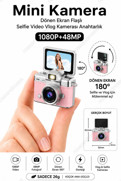 RoseandRoses Dijital Mini Kamera Dönen Ekran Flaşlı Selfie Video Vlog Kameras...