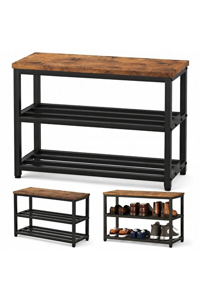 Rebiko Dulap pentru pantofi cu scaun, raft mare, stil industrial, loft, lemn,...