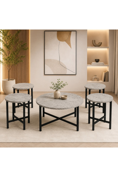 on home طقم طاولة شاي بتصميم رخامي عصري مع إطار معدني أسود (1+4)