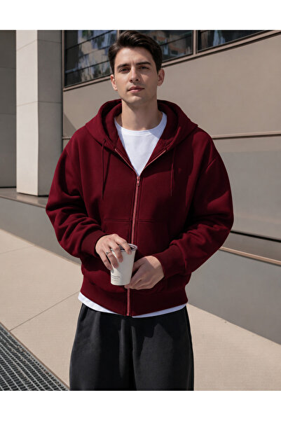 YAKAMEL ERKEK 3 İPLİK FERMUARLI KAPÜŞONLU OVERSİZE RAHAT SWEATSHIRT HIRKA