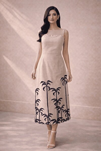 2TRENDY Women's Beige Palm Tree Print Thin Shoulder Strap Midi Dress