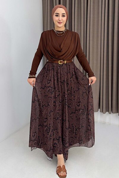 Raneel Kazançlı Alışveriş Women's Degaje Collar Skirt Blouse Set Brown