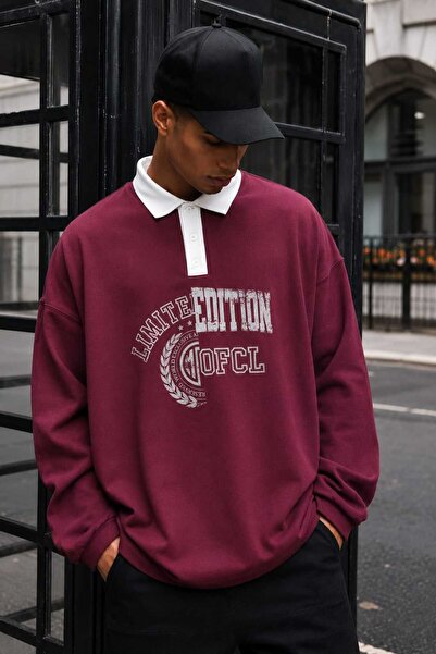 Bordo Oversize Polo Yaka Baskılı Sweatshirt