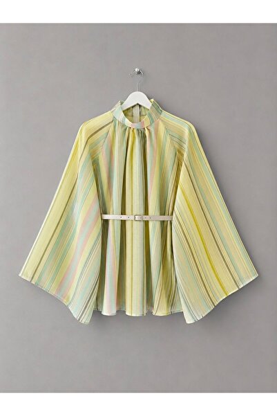 feiruz Pastel Çizgili Yarasa Kol Oversize Bluz