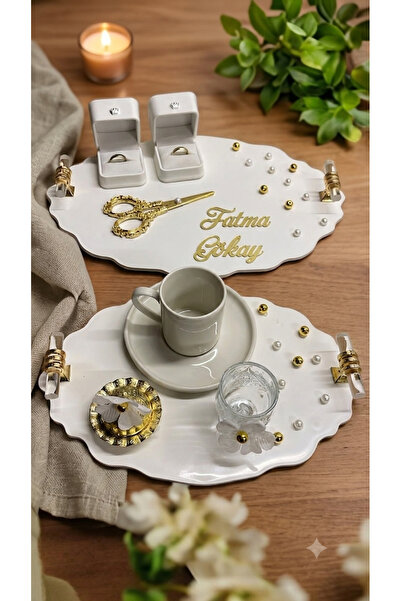 Cyz Home Oval White Pearl Promise Engagement Tray Set, Groom's Coffee Tray wi...