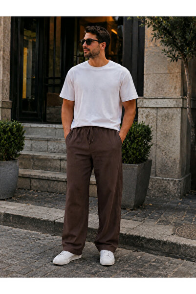 WE&ME Muške lanene pantalone širokog kroja sa elastičnim strukom i vezicama, ...