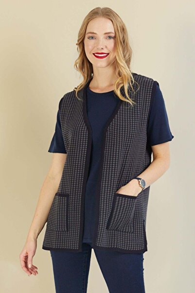Uludağ Triko Γυναικείο πλεκτό Mother γιλέκο Navy Blue Houndstooth