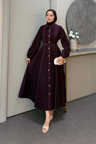 Şule Giyim Romantic Lace Detailed Dress Plum