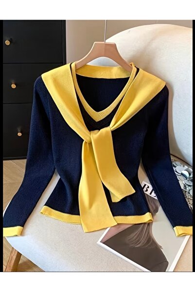 NATUFIAN STORE Women's Scarf Tie V-Neck Basic Knitwear Blouse Sweater